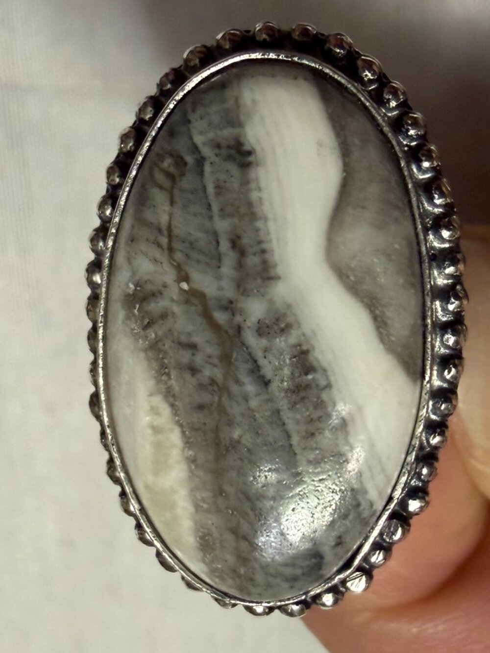 Silver Tone Oval White/Gray Stone Bezel-Set Cocktail Statement Ring 925